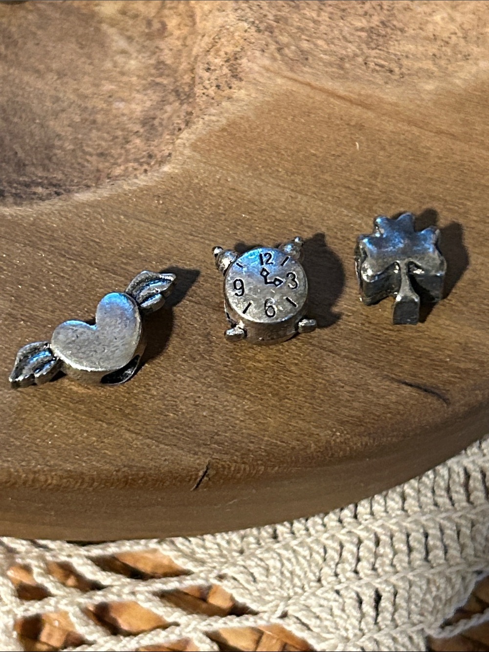 Silver Tone Heart, Clock & Clover Charms - Set of 3